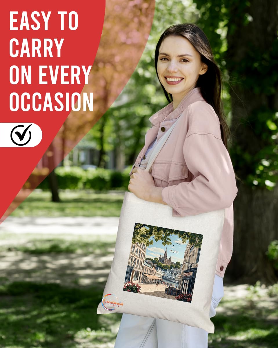 Natural Reusable Shopping Souvenir Tote Bag Featuring Cities and Landmarks in United Kingdom (Truro)
