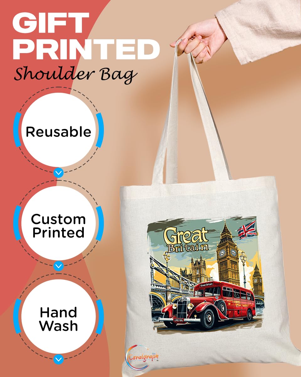 TB2053 - Natural Reusable Shopping Souvenir Tote Bag Featuring Great Britain - (Design 10)