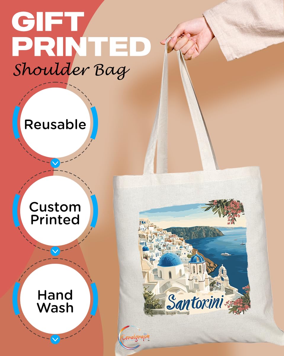 Natural Reusable Shopping Souvenir Tote Bag Featuring Popular Cities and Capitals from Europe and Around the World (Santorini)