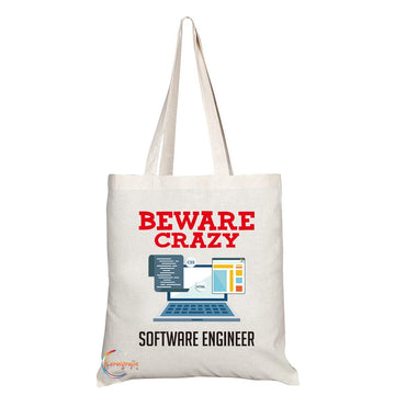 TB406 Beware Crazy Software Engineer Novelty Present Gift Printed Eco-Friendly Stylish Long Handled Tote Shoulder Bag