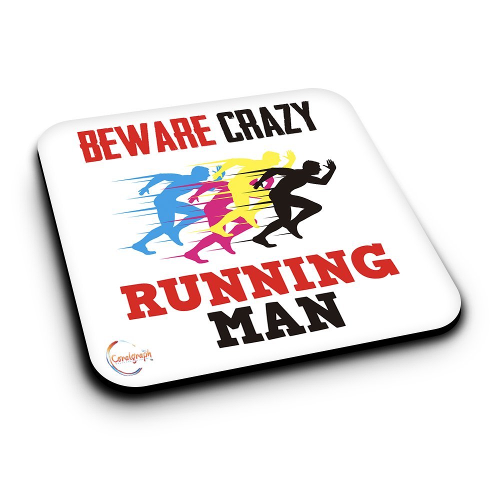 ER423 Beware Crazy Running Man (A) Novelty Present Gift Printed MDF Wooden Coaster