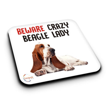 ER495 Beware Crazy Beagle Lady Novelty Present Gift Printed MDF Wooden Coaster