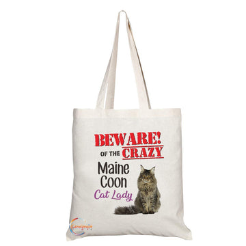 TB505 BEWARE! OF THE CRAZY Maine Coon Cat Lady Novelty Present Gift Printed Eco-Friendly Stylish Long Handled Tote Shoulder Bag