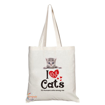 TB314 I Love Cats Its Humans Who Annoy Me Novelty Present Gift Printed Eco-Friendly Stylish Long Handled Tote Shoulder Bag
