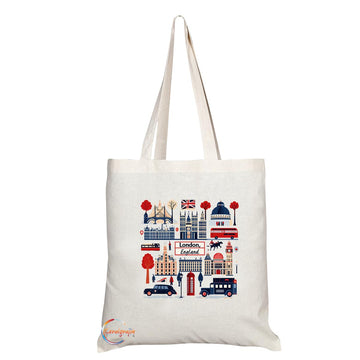 TB2051 - Natural Reusable Shopping Souvenir Tote Bag Featuring London - (Design 8)