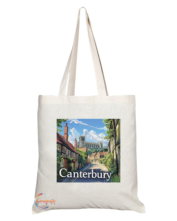 Natural Reusable Shopping Souvenir Tote Bag Featuring Cities and Landmarks in United Kingdom (Canterbury)
