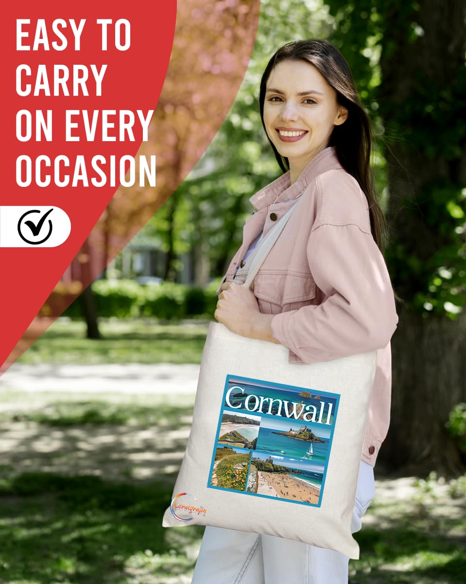 Natural Reusable Shopping Souvenir Tote Bag Featuring Cities and Landmarks in United Kingdom (Cornwall)