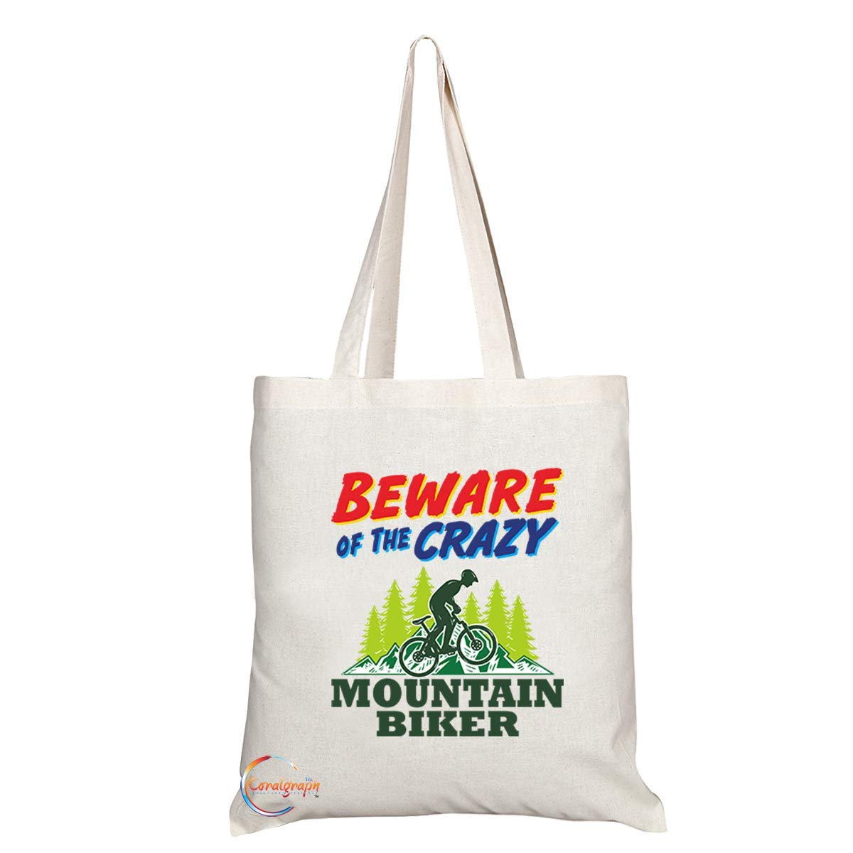 TB1001 Beware of the Crazy Mountain Biker Novelty Present Gift Printed Eco-Friendly Stylish Long Handled Tote Shoulder Bag