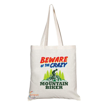 TB1001 Beware of the Crazy Mountain Biker Novelty Present Gift Printed Eco-Friendly Stylish Long Handled Tote Shoulder Bag