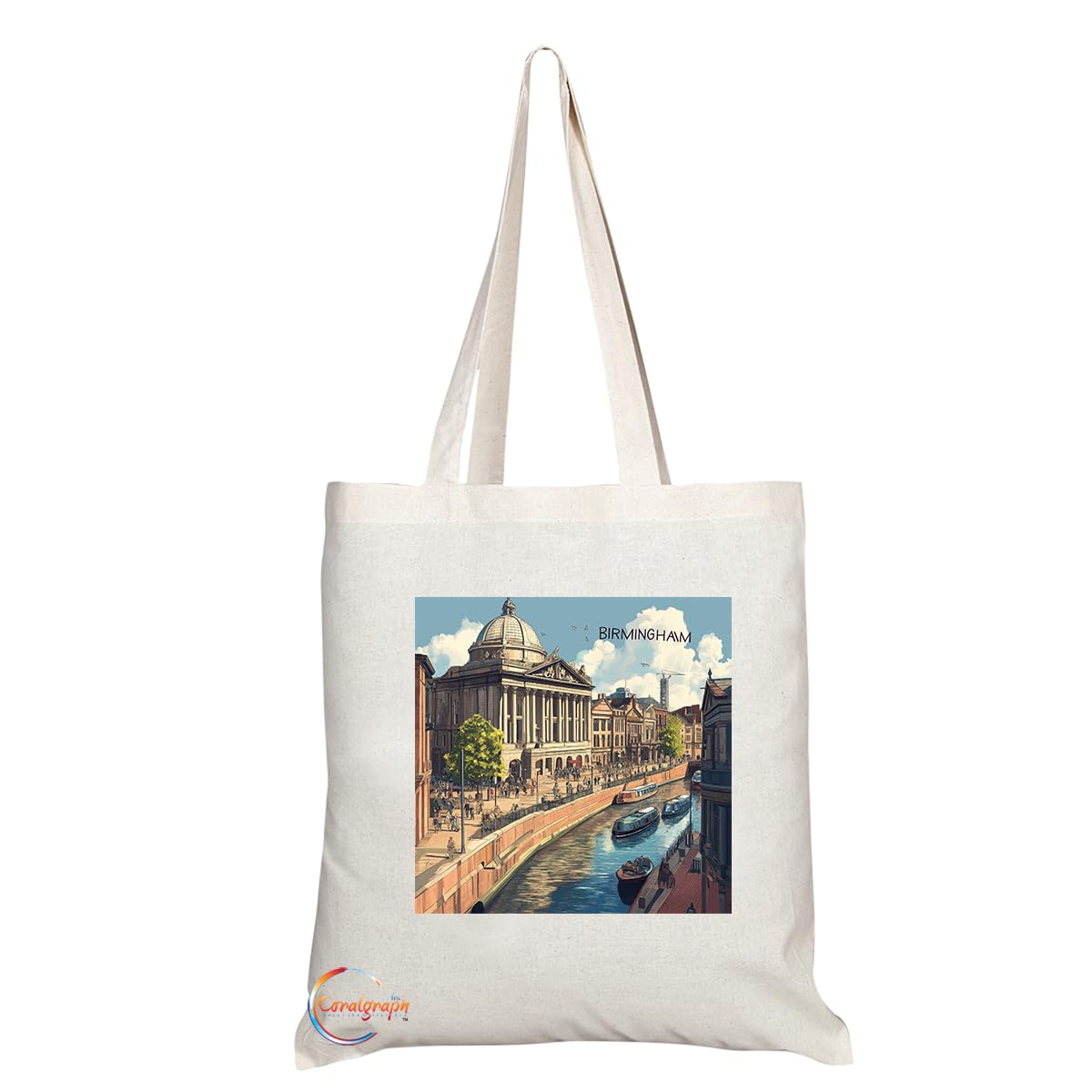 Natural Reusable Shopping Souvenir Tote Bag Featuring Cities and Landmarks in United Kingdom (Birmingham)
