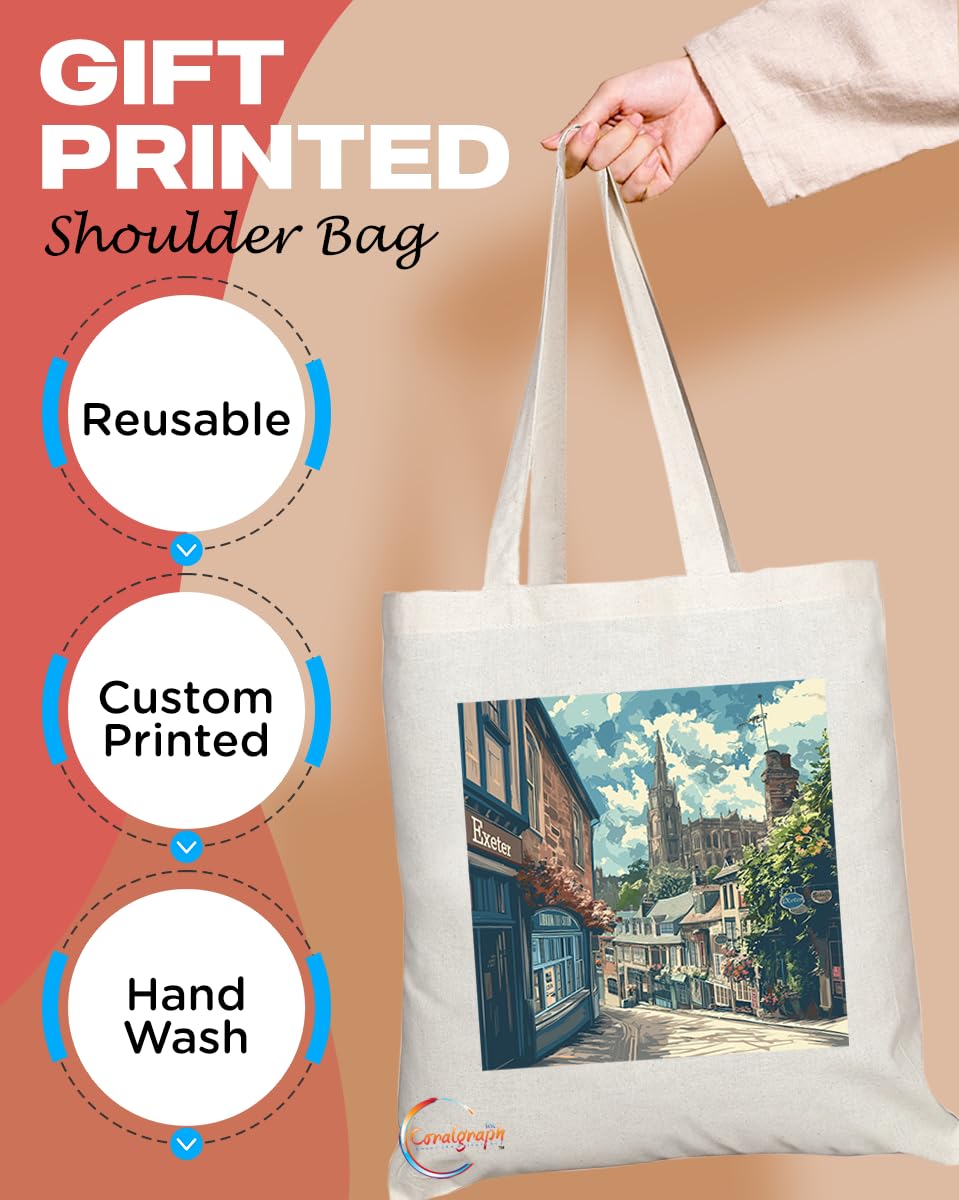 Natural Reusable Shopping Souvenir Tote Bag Featuring Cities and Landmarks in United Kingdom (Exeter)