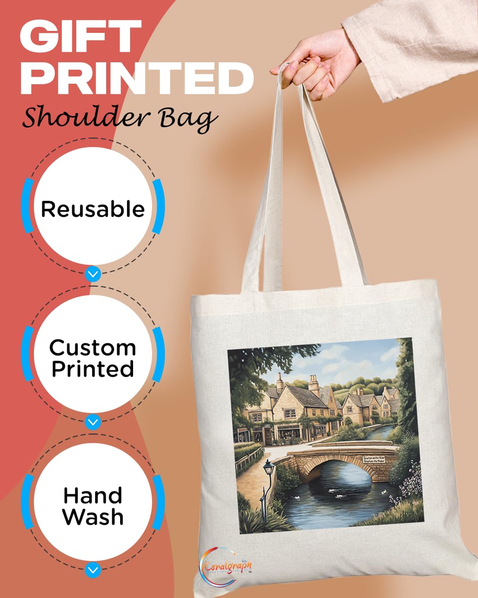 Natural Reusable Shopping Souvenir Tote Bag Featuring Cities and Landmarks in United Kingdom (Burton on Water)