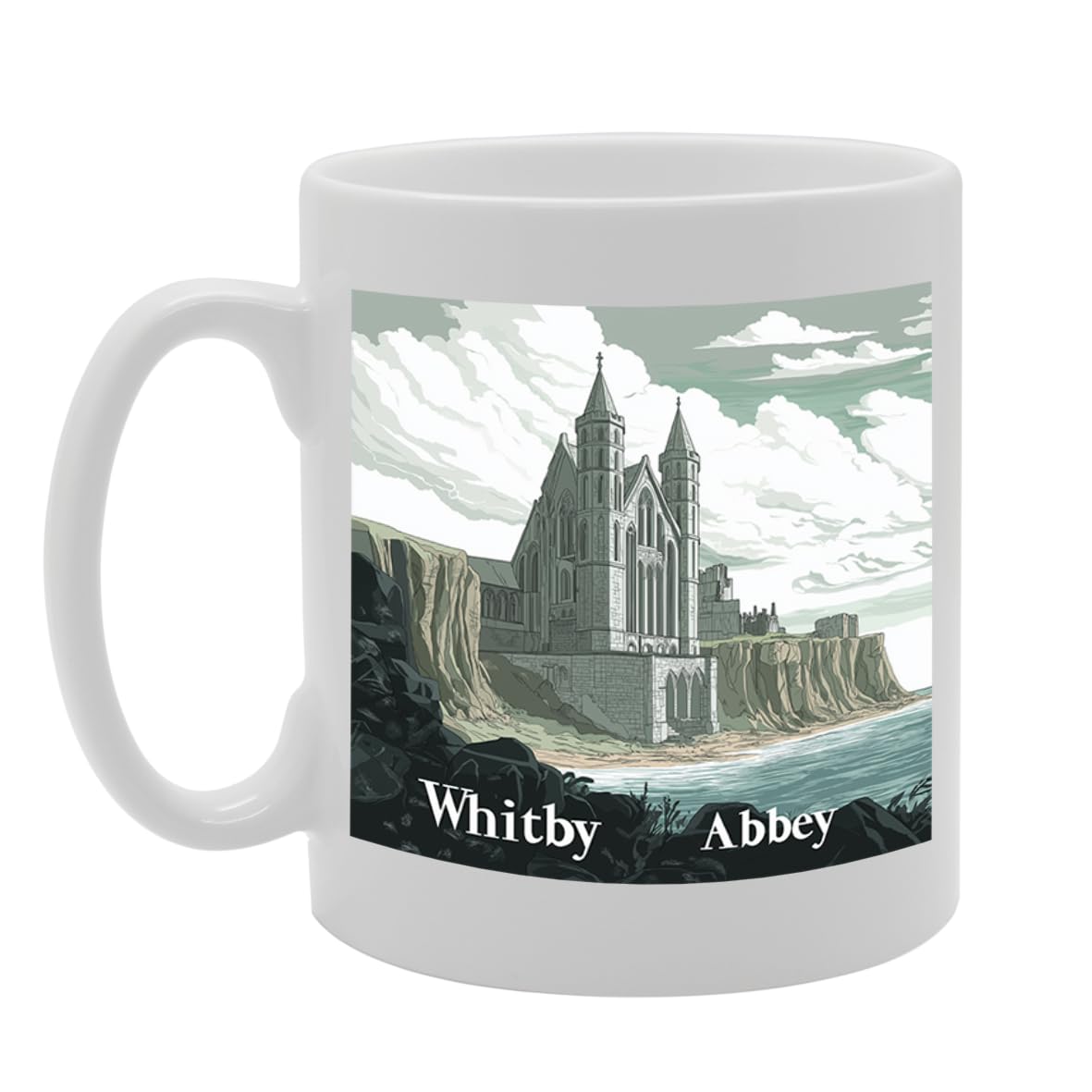 Printed Coffee Ceramic  Featuring Cities And Landmarks In United Kingdom (Whitby Abbey) - Funny Printed Coffee Mug - Great Gift Idea