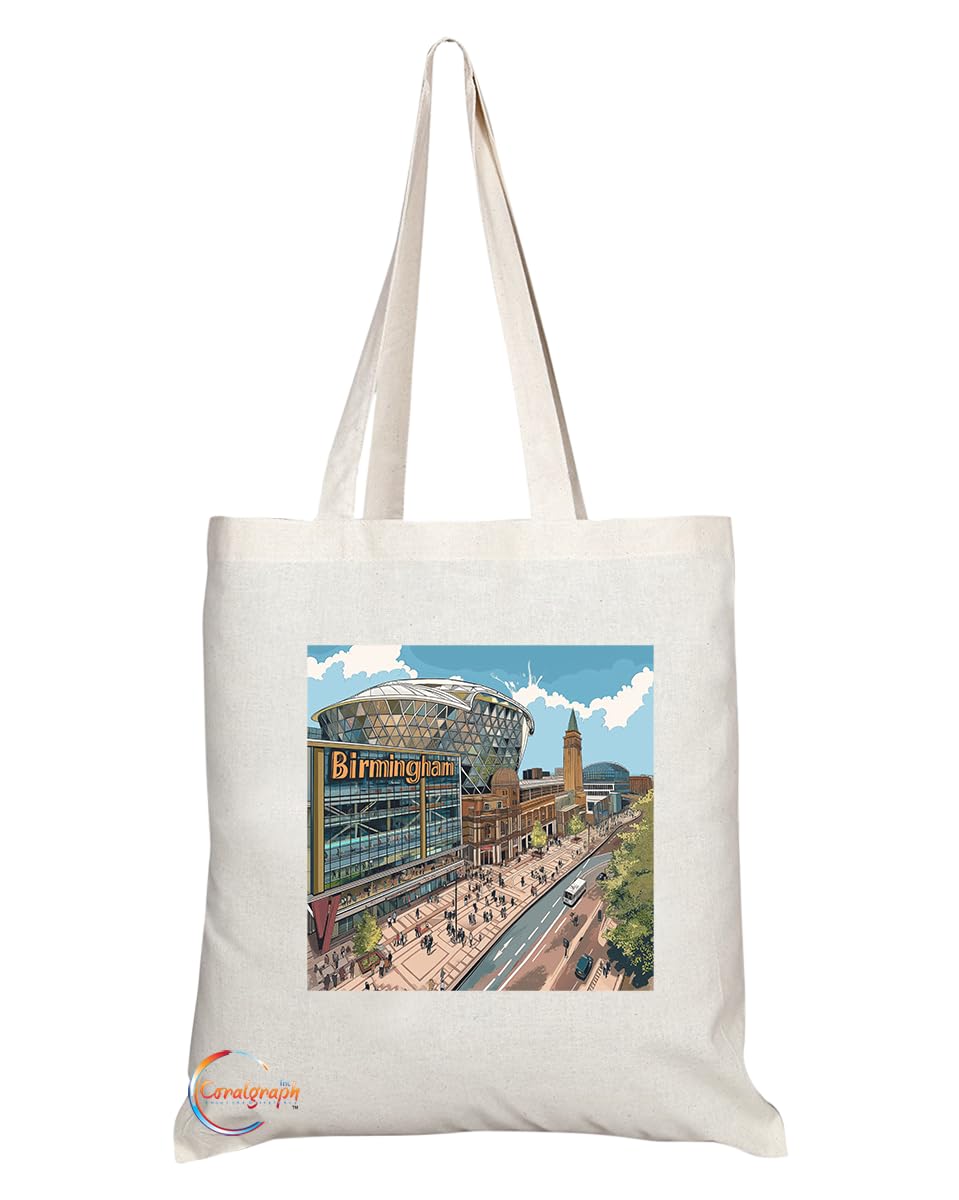 Natural Reusable Shopping Souvenir Tote Bag Featuring Cities and Landmarks in United Kingdom (Birmingham 1)