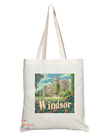 Natural Reusable Shopping Souvenir Tote Bag Featuring Cities and Landmarks in United Kingdom (Windsor)