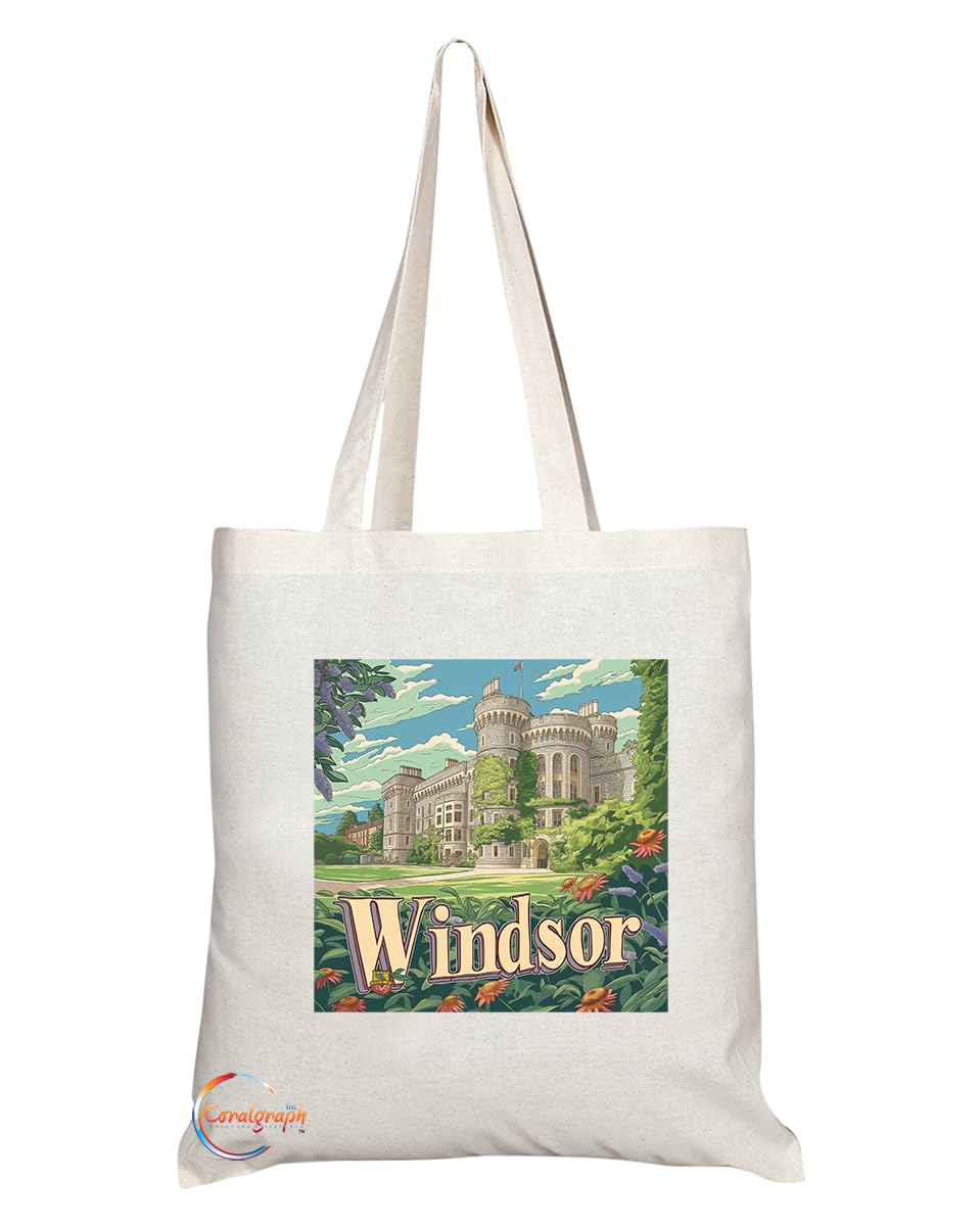Natural Reusable Shopping Souvenir Tote Bag Featuring Cities and Landmarks in United Kingdom (Windsor)