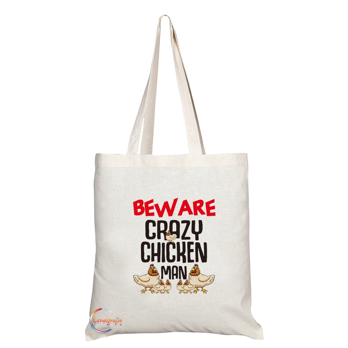 TB288 Beware Crazy Chicken Man (B) Novelty Present Gift Printed Eco-Friendly Stylish Long Handled Tote Shoulder Bag