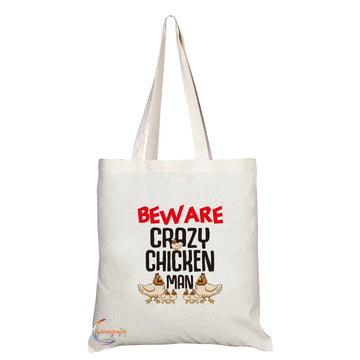 TB288 Beware Crazy Chicken Man (B) Novelty Present Gift Printed Eco-Friendly Stylish Long Handled Tote Shoulder Bag