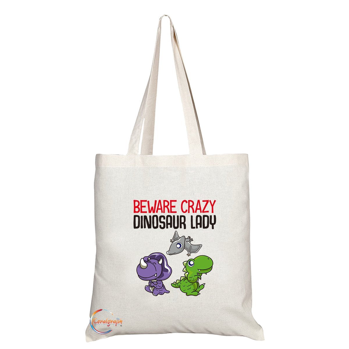 TB279 Beware Crazy Dinosaur Lady Novelty Present Gift Printed Eco-Friendly Stylish Long Handled Tote Shoulder Bag