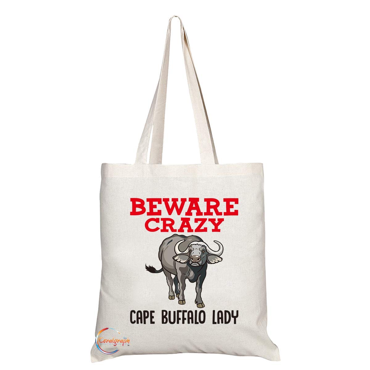 TB380 Beware Crazy Cape Buffalo Lady Novelty Present Gift Printed Eco-Friendly Stylish Long Handled Tote Shoulder Bag