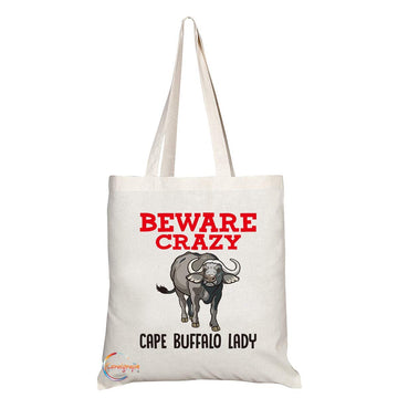 TB380 Beware Crazy Cape Buffalo Lady Novelty Present Gift Printed Eco-Friendly Stylish Long Handled Tote Shoulder Bag