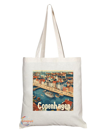 Natural Reusable Shopping Souvenir Tote Bag Featuring Popular Cities and Capitals from Europe and Around the World (Copenhagen)
