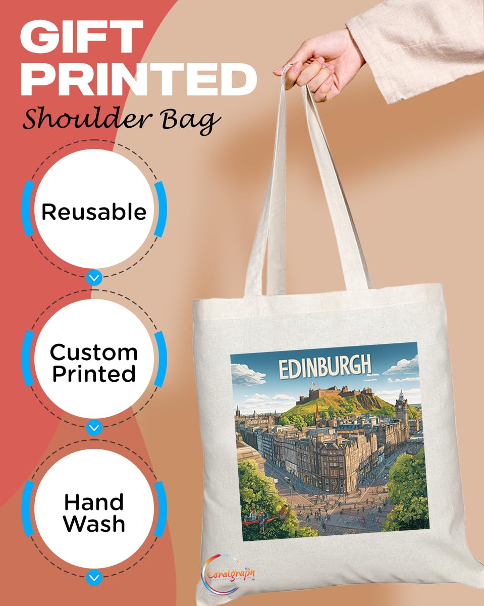 Natural Reusable Shopping Souvenir Tote Bag Featuring Cities and Landmarks in United Kingdom (Edinburgh)