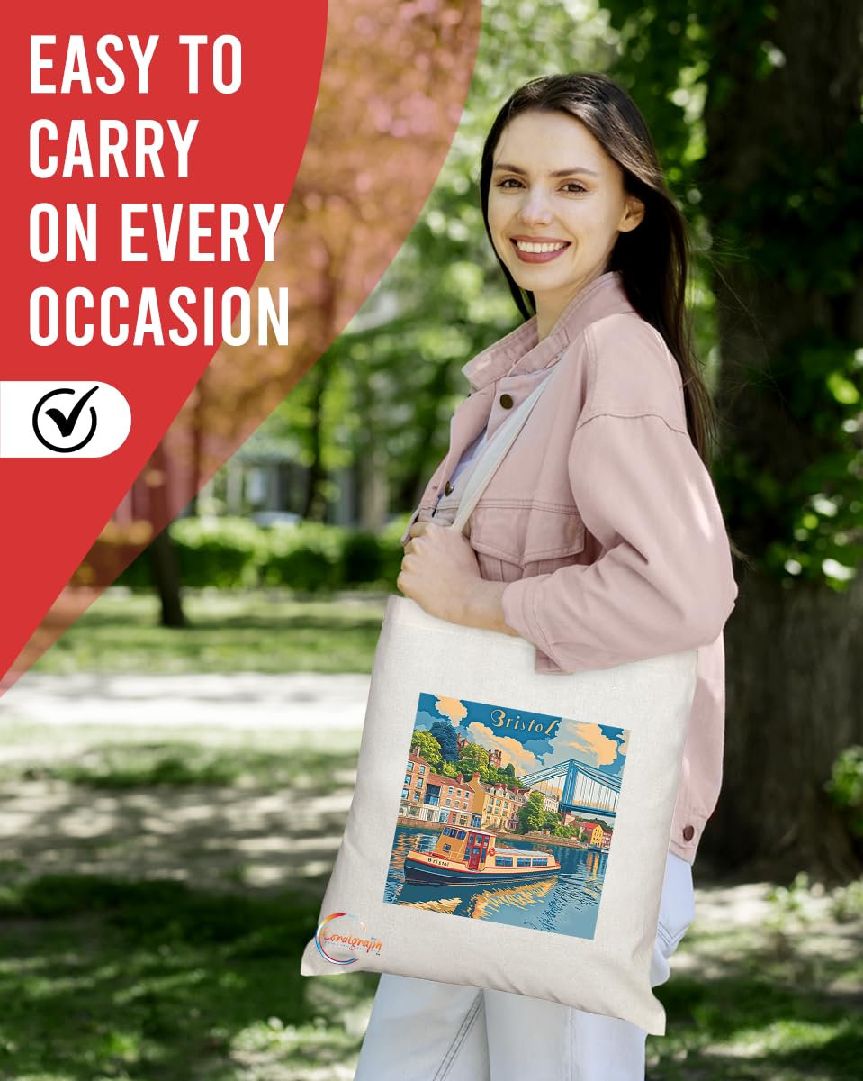 Natural Reusable Shopping Souvenir Tote Bag Featuring Cities and Landmarks in United Kingdom (Bristol City)