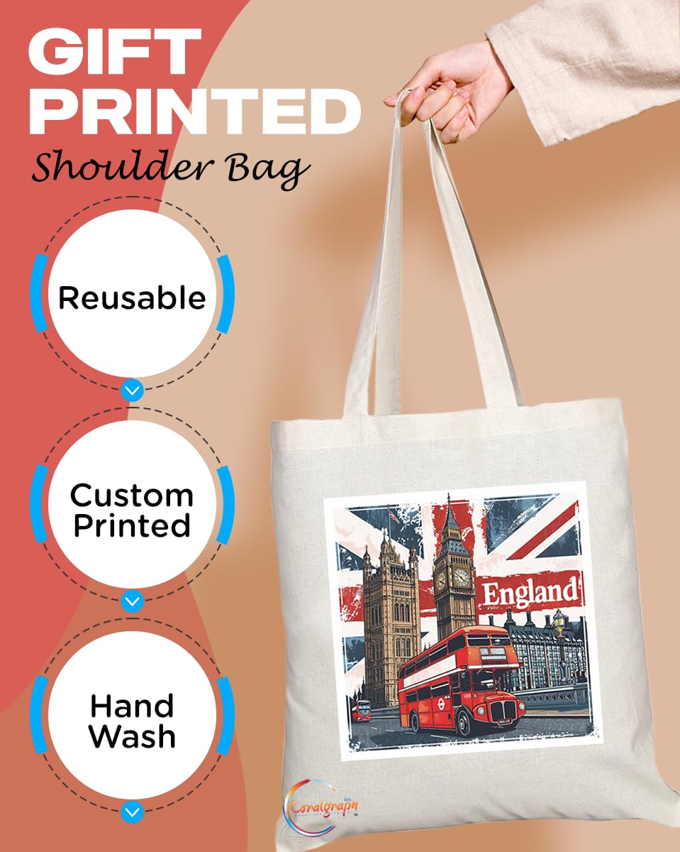 TB2052 - Natural Reusable Shopping Souvenir Tote Bag Featuring England - (Design 9)