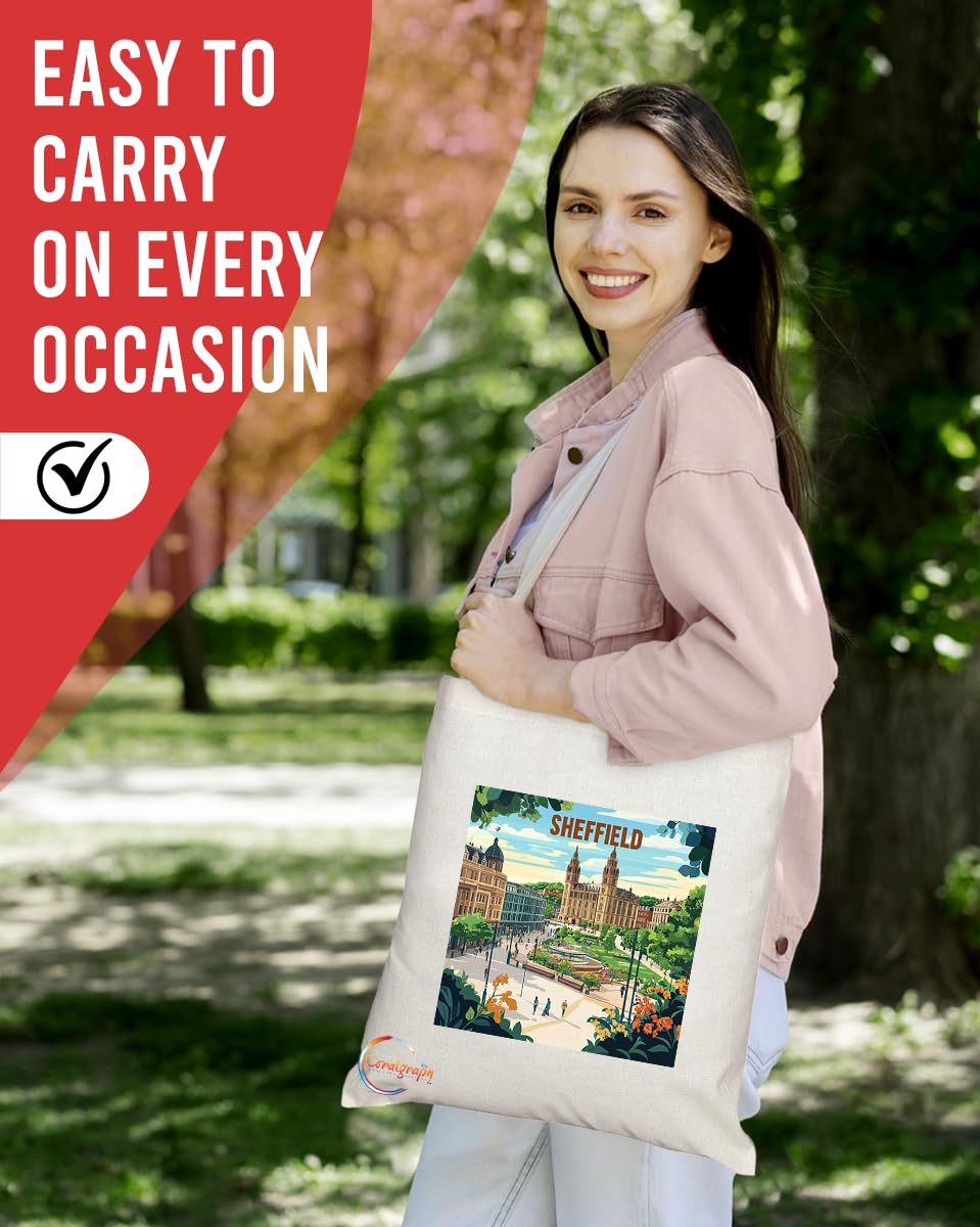 Natural Reusable Shopping Souvenir Tote Bag Featuring Cities and Landmarks in United Kingdom (Sheffield2)