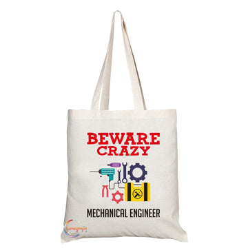 TB418 Beware Crazy Mechanical Engineer Novelty Present Gift Printed Eco-Friendly Stylish Long Handled Tote Shoulder Bag