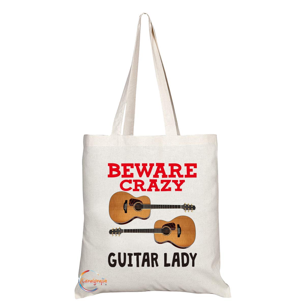 TB345 Beware Crazy Guitar Lady Novelty Present Gift Printed Eco-Friendly Stylish Long Handled Tote Shoulder Bag