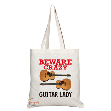 TB345 Beware Crazy Guitar Lady Novelty Present Gift Printed Eco-Friendly Stylish Long Handled Tote Shoulder Bag