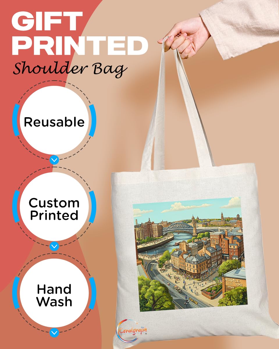 Natural Reusable Shopping Souvenir Tote Bag Featuring Cities and Landmarks in United Kingdom (Newcastle Upon Tyne)