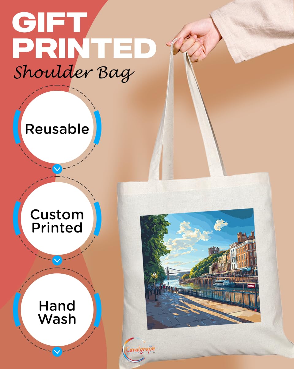 Natural Reusable Shopping Souvenir Tote Bag Featuring Cities and Landmarks in United Kingdom (Bristol)