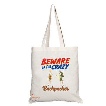 TB1053 Beware of the Crazy Backpacker Novelty Present Gift Printed Eco-Friendly Stylish Long Handled Tote Shoulder Bag