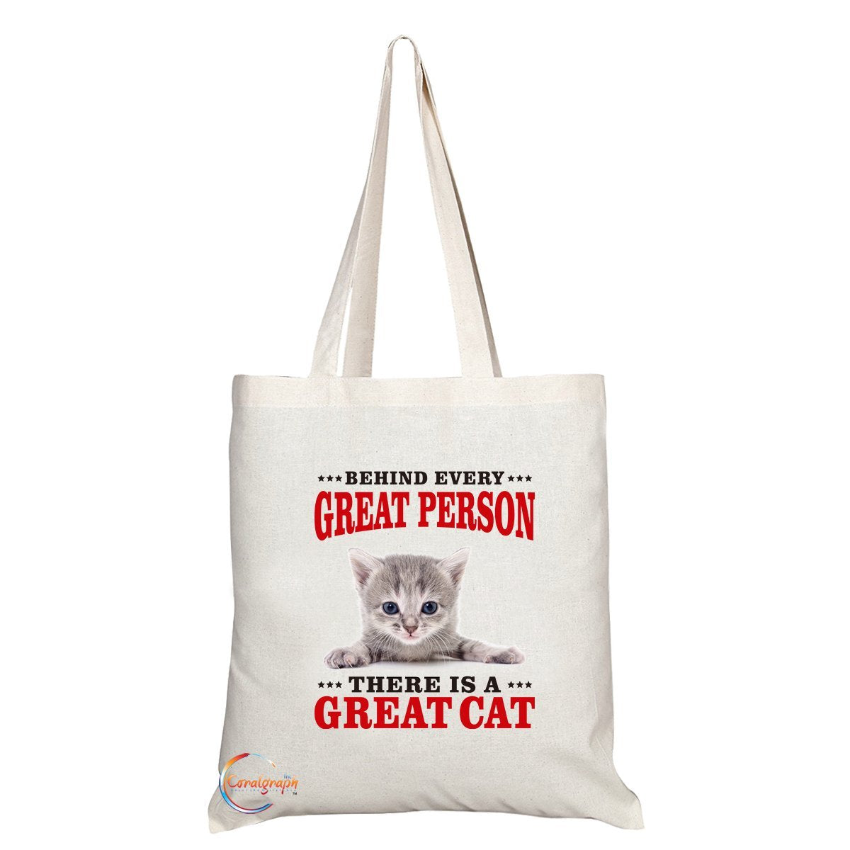 TB317 Behind Every Great Person There Is A Great Cat Novelty Present Gift Printed Eco-Friendly Stylish Long Handled Tote Shoulder Bag