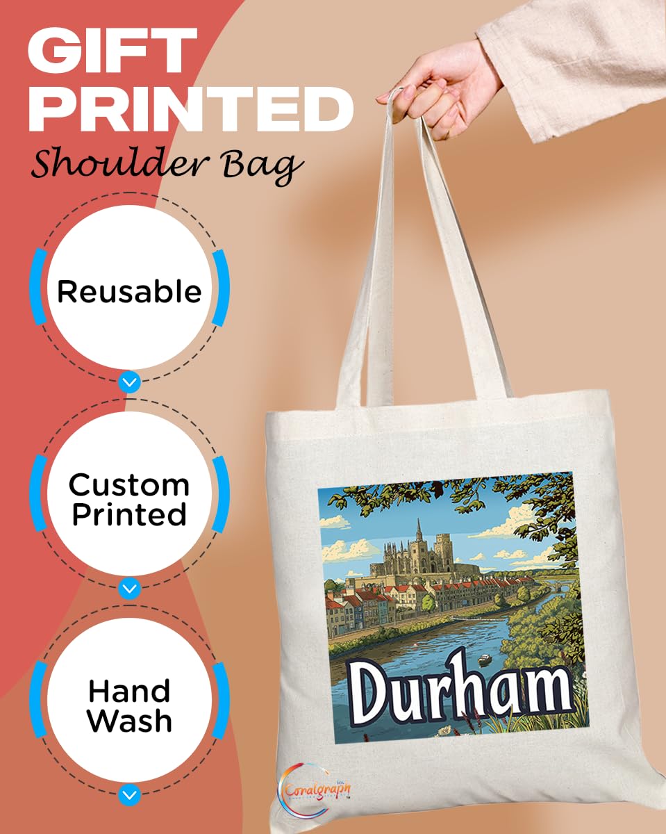 Natural Reusable Shopping Souvenir Tote Bag Featuring Cities and Landmarks in United Kingdom (Durham)