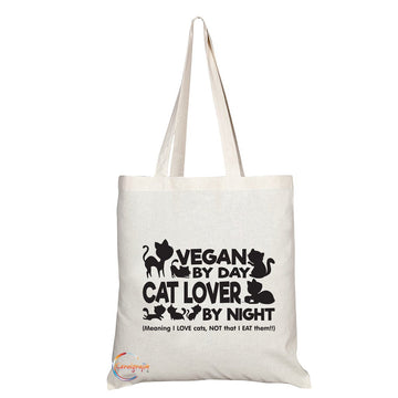 TB072 VEGAN BY DAY CAT LOVER BY NIGHT Novelty Present Gift Printed Eco-Friendly Stylish Long Handled Tote Shoulder Bag