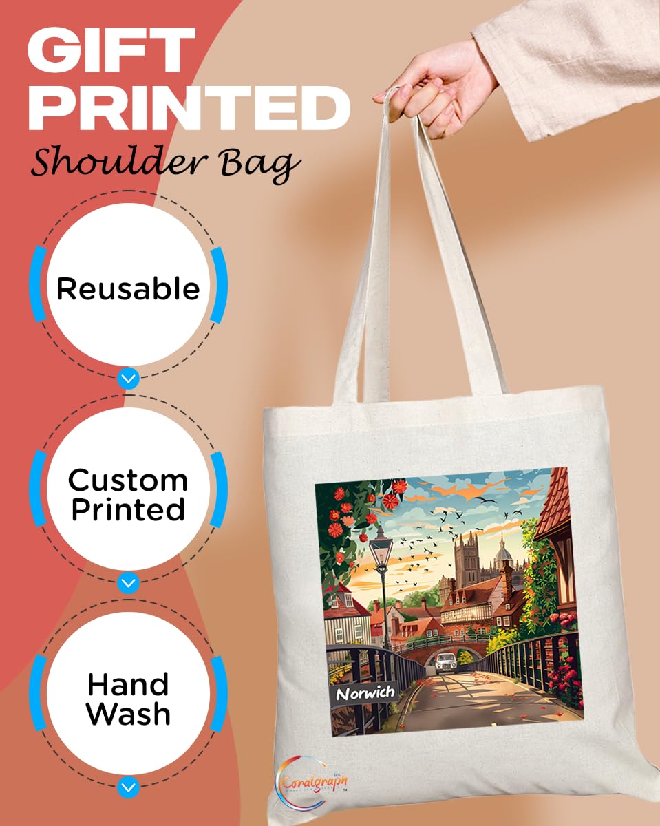 Natural Reusable Shopping Souvenir Tote Bag Featuring Cities and Landmarks in United Kingdom (Norwich)