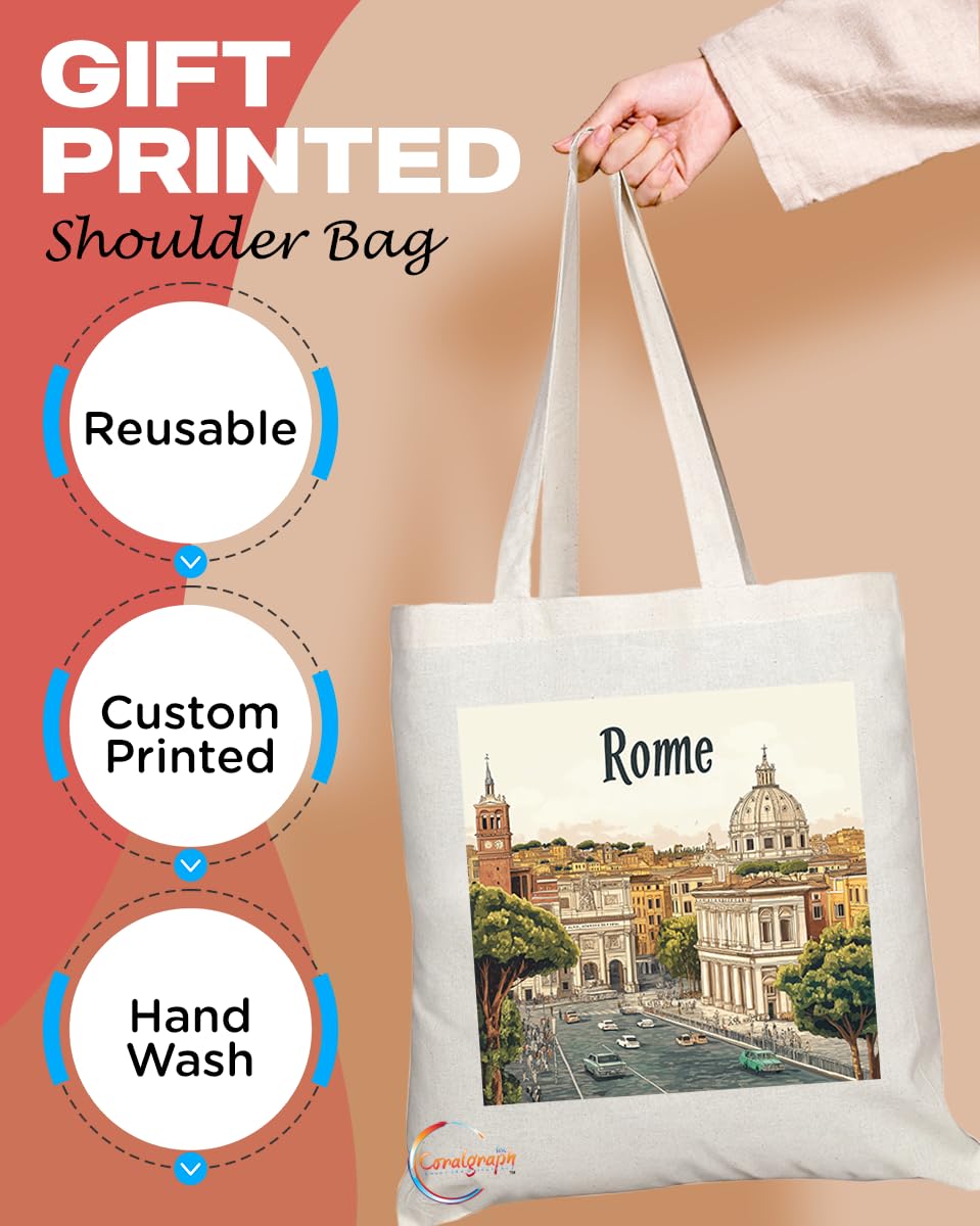 Natural Reusable Shopping Souvenir Tote Bag Featuring Popular Cities and Capitals from Europe and Around the World (Rome)