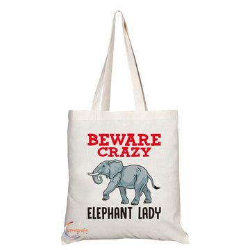 TB375 Beware Crazy Elephant Lady Novelty Present Gift Printed Eco-Friendly Stylish Long Handled Tote Shoulder Bag