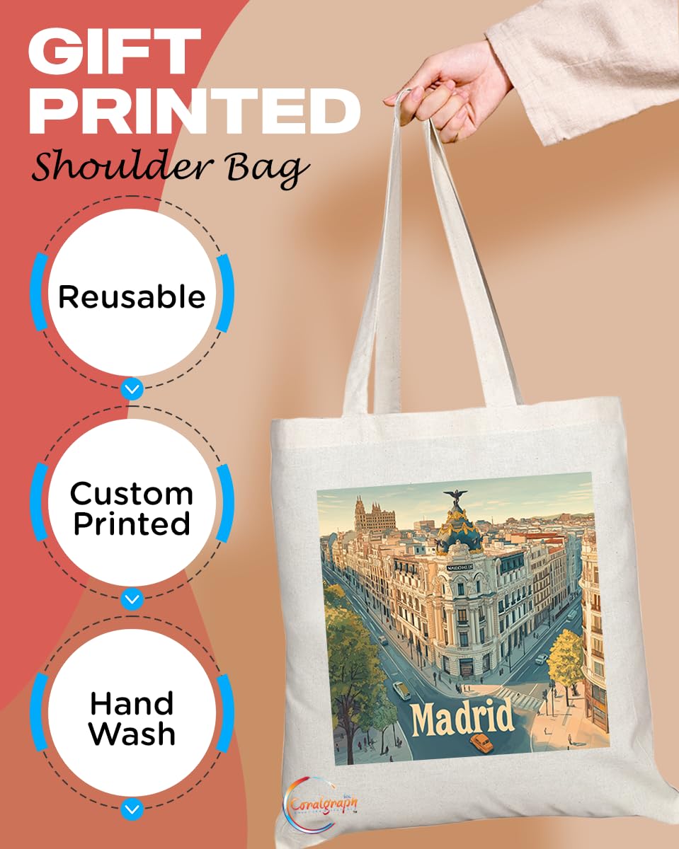 Natural Reusable Shopping Souvenir Tote Bag Featuring Popular Cities and Capitals from Europe and Around the World (Madrid)