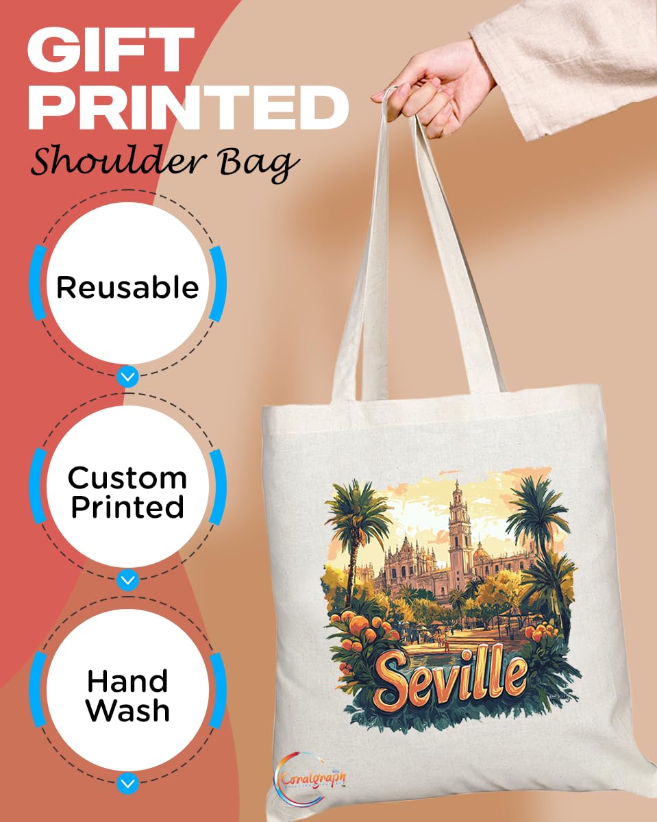 Natural Reusable Shopping Souvenir Tote Bag Featuring Popular Cities and Capitals from Europe and Around the World (Seville)