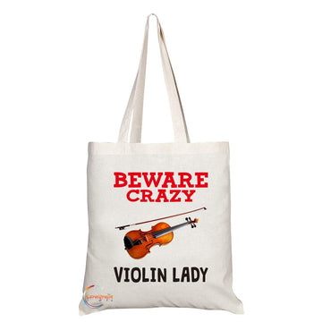 TB341 Beware Crazy Violin Lady Novelty Present Gift Printed Eco-Friendly Stylish Long Handled Tote Shoulder Bag