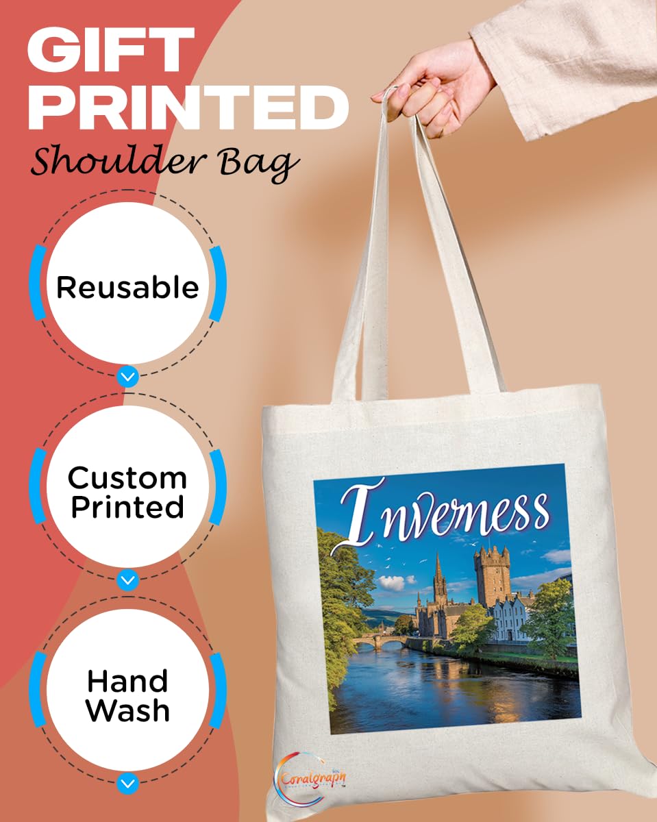 Natural Reusable Shopping Souvenir Tote Bag Featuring Cities and Landmarks in United Kingdom (Inverness2)
