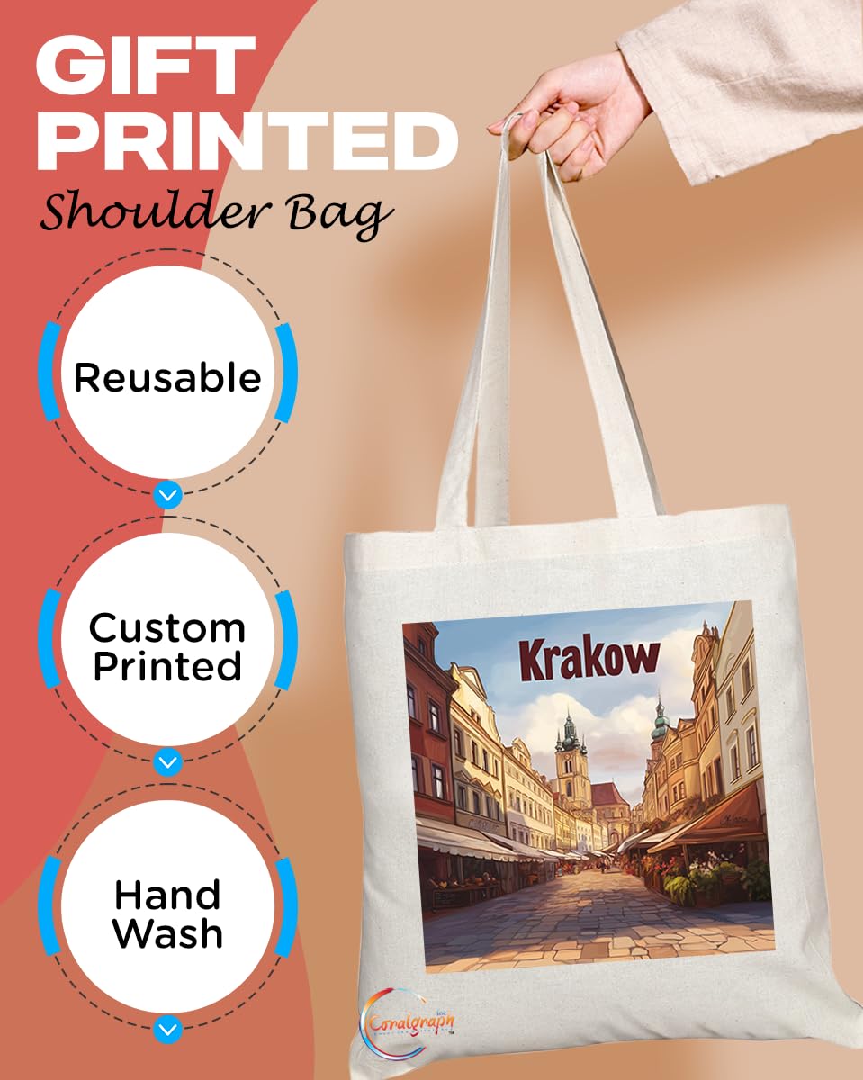 Natural Reusable Shopping Souvenir Tote Bag Featuring Popular Cities and Capitals from Europe and Around the World (Krakow)