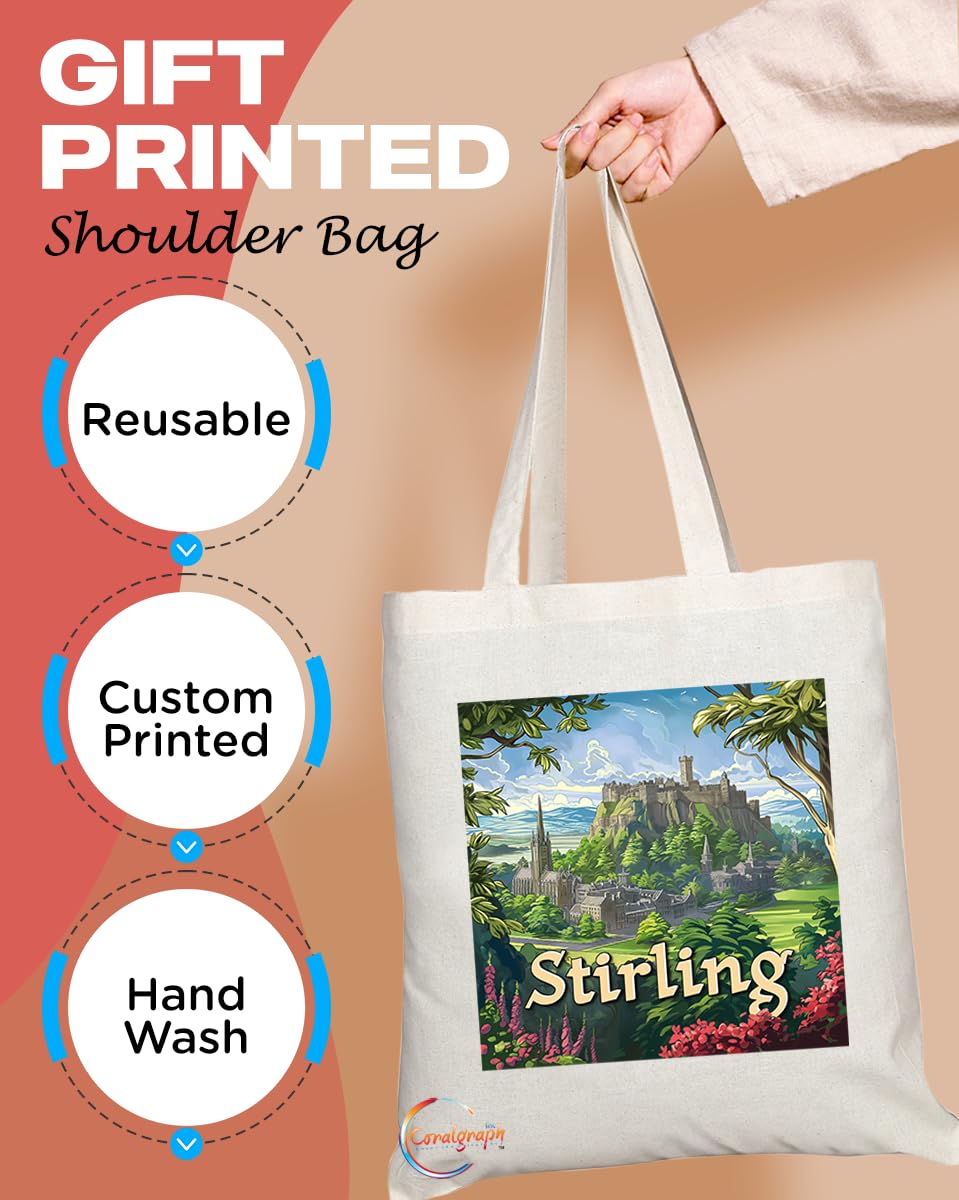Natural Reusable Shopping Souvenir Tote Bag Featuring Cities and Landmarks in United Kingdom (Stirling)