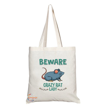 TB228 Beware Crazy Rat Lady Novelty Present Gift Printed Eco-Friendly Stylish Long Handled Tote Shoulder Bag