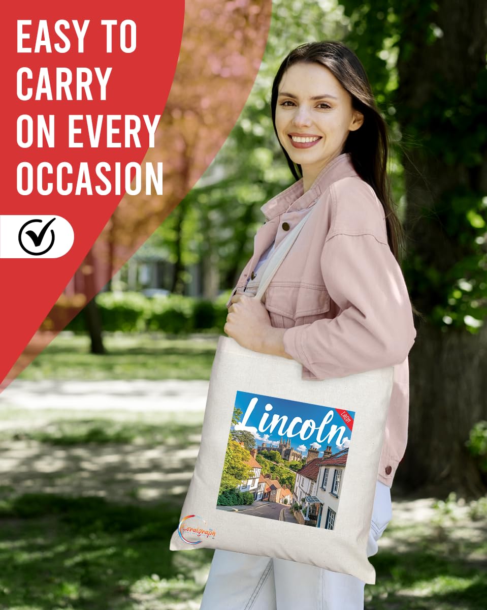 Natural Reusable Shopping Souvenir Tote Bag Featuring Cities and Landmarks in United Kingdom (Lincoln)